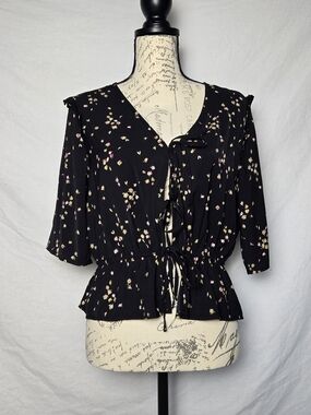 a.n.a Black Floral Tie-Front Peplum Top Boho Ruffle Shoulder - Medium